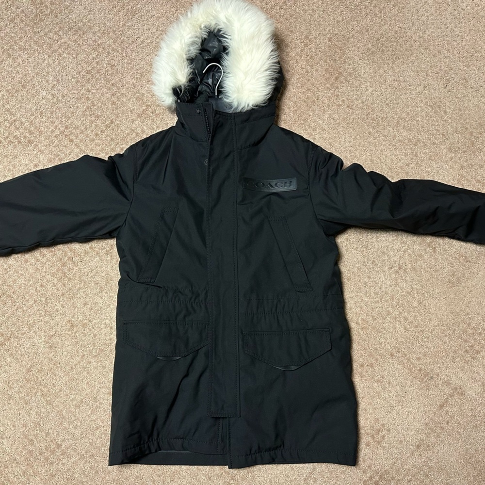 Coach Black Puffer Jacket with White Fur Trim